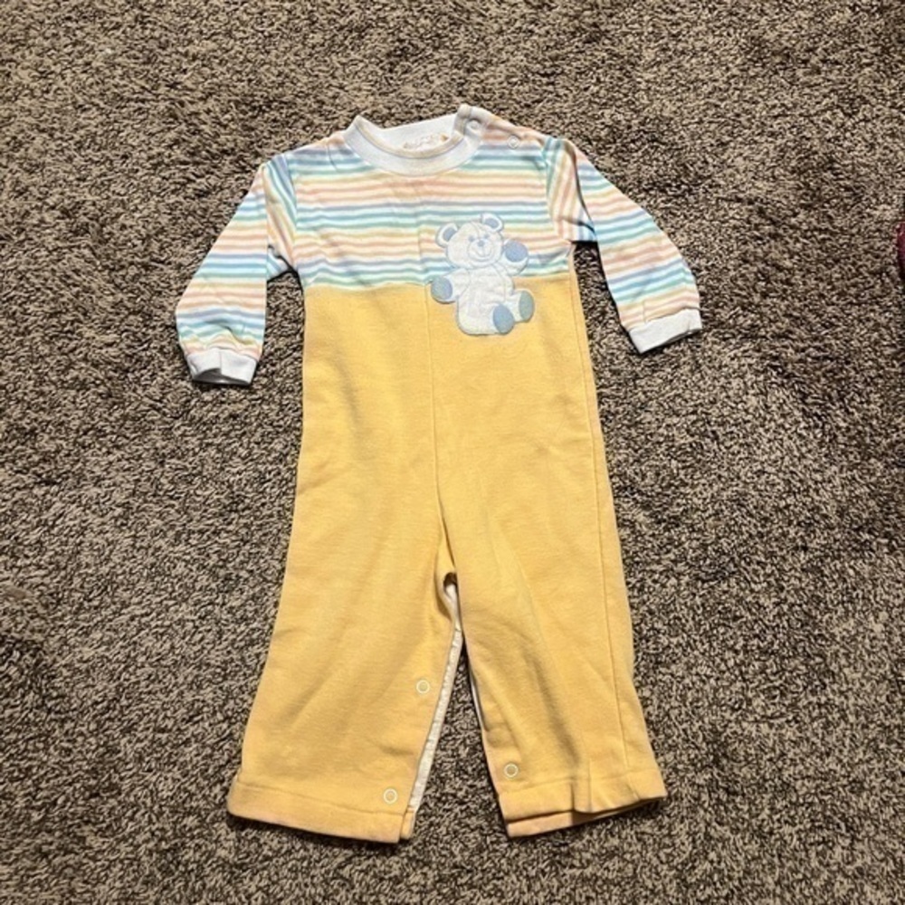 🔆 Vintage 1970’s striped yellow teddy bear romper